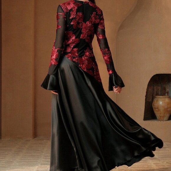 BEST SELLER Black Elegant Women's RED Floral Patchwork Round Neck mAXI Dress - Picture 2 of 7